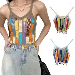 Women's Tanks Women Summer V-Neck Camisole Vests Crocheted Knitted Colourful Tassels Crop Top