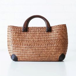 Handmade straw bag retro rattan straw woven handy beach bag simple art weaving bag 240305