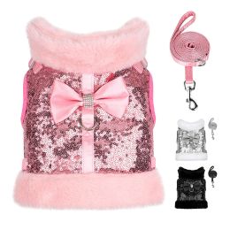 Sets Warm Fur Dog Harness Bling Sequines Dogs Vest Harness For Small Medium Dogs Cats Winter Pet Vest Clothes With Cute Bowtie Pink