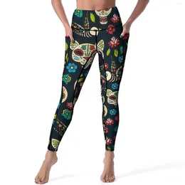 Active Pants Vintage Skeleton Leggings Holiday In Mexico Floral Pinrt Work Out Yoga Push Up Sports Tights Pockets Stretch