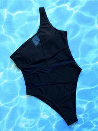 Women's Swimwear One Shoulder Splicing Mesh Sheer Women Piece Swimsuit Female Monokini High Leg Cut Bather Bathing Suit Swim K4716