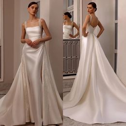 Mermaid Dresses Glamorous Overskirts Pearls Beads Straps Satin Wedding Dress Sweep Train Robe De Mariee Bridal Gowns YD