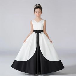 Dideyttawl VNeck Detachable Bow Dress For Girl Satin Flower Dresses Sleeveless Kids Birthday Formal Princess Gowns 240228