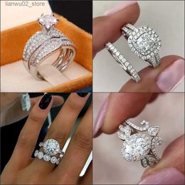 Wedding Rings Bride Set Ring 925 Silver Sparkling Diamond Luxury Fashion Wedding Engagement 2PCS Ring Womens Eternal Love Jewellery Q240315