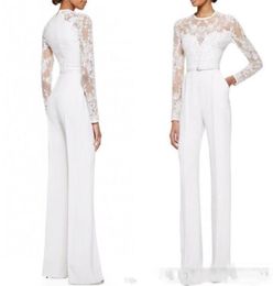 2019 new White Mother Of The Bride Pant Suits Jumpsuit With Long Sleeves Lace Embellished Women Formal Evening Wear Custom Made 111441957