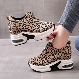 Hidden Heel Casual Platform Shoes Woman Sneakers Suede Slip on Shoes Women Height Increasing Flock Leopard Print Wedges Shoes 240309