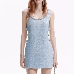 Casual Dresses 2024 Runway Sweet Spring Diamonds U Neck Blue Tweed Mini Dress Women Sleeveless Tank Bow Waist Hollow Out Sequin