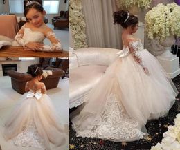 2023 Cute Blush Pink Flower Girls Dresses Long Sleeves For Weddings Lace Appliques Ball Gown Birthday Girl Communion Pageant Gowns9445671