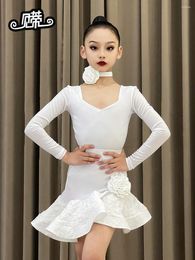 Stage Wear 1set/lot Luxury Style Children Latin Dancing Costumes Long Sleeve Leotard And Ruffles Skirt