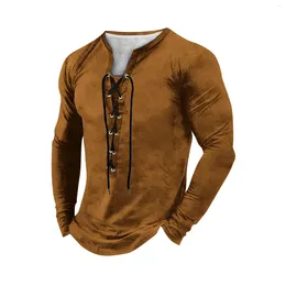 Men's T Shirts Vintage Style T-Shirts Spring Outdoor Casual Tops Fashion Lace-Up V-Neck Long-Sleeved T-Shirt Autumn Plain Color