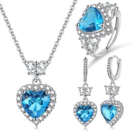 Live Streaming New Trend Topa Blue Zircon Ocean Heart Shaped Pendant Ring Earring Set for Women