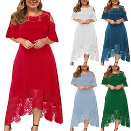 Casual Dresses Plus Size Ladies Formal Party Dress O Neck Lace Stitching Solid Cold Shoulder Long Robe Irregular Hem Women'S