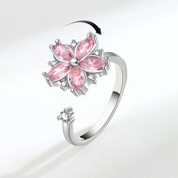 Rotating Female Sakura Pink Zircon Flower Decompression Anti Anxiety Ring Set