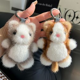 Cute Real Genuine Mink Fur Cat Keychain Fur Ball Pompom Bag Charm Purse Car Phone Pendant Kids Toys