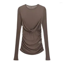 Women's T Shirts YENKYE 2024 Sexy Semi-Sheer Ruched Rib Shirt Women O Neck Long Sleeve Spring Summer Tops
