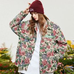 Mens Jackets Hip Hop Baggy Jacket Abstract Flower and Grass Embroidery Splicing Single Breasted Coat Couple Fashion Streetwear Autumn