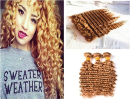 27 Honey Blonde Brazilian Deep Wave Curly Virgin Human Hair Weave 3 Bundles With Light Brown 13x4 Ear to Ear Full Lace Frontal5333599