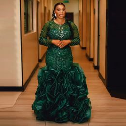 Dark Green Lace Long Sleeves Mermaid Prom Dresses Ruffles Sweep Train Aso Ebi Evening Gowns African Woman Formal Party Dress