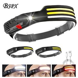 Induction Headlamp COB LED Head Lamp with Built-in Battery Flashlight USB Rechargeable Head Lamp 5 Lighting Modes Head Light 240301