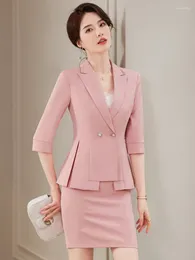 Women's Two Piece Pants 2024 Spring Half Sleeve Solid Color Pink Blazer Yellow Work Uniforms Black Professional Skirt Suit