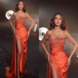 Elegant Orange Evening Dresses One Shoulder Beads Party Prom Dress Pleats Split Formal Long Red Carpet Dress for special occasion YD