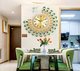 Large 3D Gold Diamond Peacock Wall Clock Metal Watch for Home Living Room Decoration DIY Clocks Crafts Ornaments Gift9239632