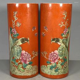 Vases Living Room Bedroom Decoration Pink Pastel Phoenix Wearing Peony Pattern Hat Tube A Pair Of Water Basin Antique Porcelain Colle