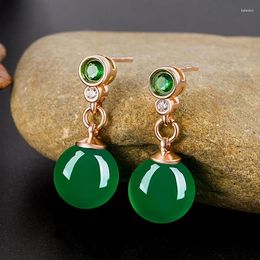 Dangle Earrings HOYON 14K Rose Gold Colour Vintage Women Jewellery Simple Green Agate Chrysoprase Round Bead Free Ship