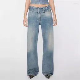 Women's Jeans 2024 Spring In Retro Washed Pants Belt Decorated Pure Cotton Straight Leg Trousers