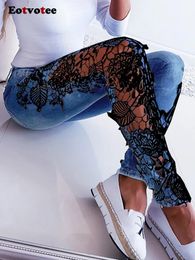 Eotvotee Lace Spliced Hollow Out Blue Jeans for Women Chic Fashion Slim High Waisted Vintage Skinny Pencil Pants 240307