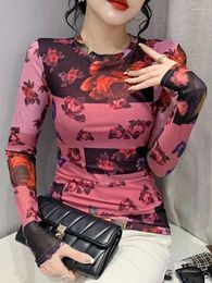 Women's T Shirts Winsleter Elegant Basic Clothes TShirt Long Sleeve Tees Autumn Winter Women Sexy O Necks Floral Print Slim Mesh Tops