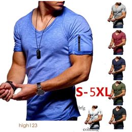Men's T-shirts 9 Colours Mens T Shirts V-neck Stretch T-shirt Solid Colour Zipper Design Short Sleeve Bottoming Shirt Casual Clothes S-5XL 326
