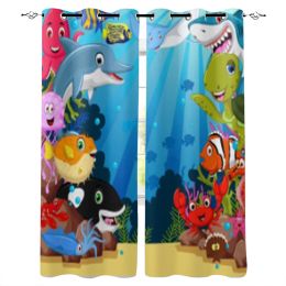 Curtains Sea Animal Family Coloured Cartoon Print Kitchen Curtain Window Treatment Living Room Office Decor Drape for Kid's Home Bedroom