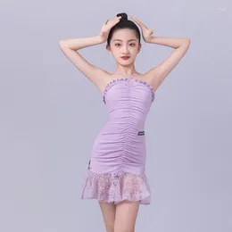 Stage Wear Purple Halter Latin Dance Dress Children Performance Costume Salsa Rumba ChaCha Dancing Clothes Girls Training YS5365