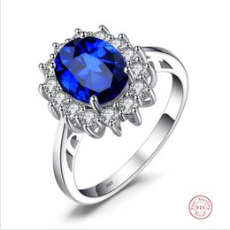 Luxury Princess Diana Created Blue Sapphire 925 Sterling Silver Engagement Ring Ruby Natural Amethyst Citrine Blue Topaz Bridal Wedding Ring