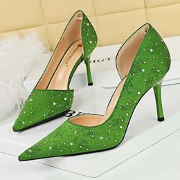 Dress Shoes Shiny Luxury High Heels Women Pointed Toe Pumps Sexy Elegant Office Green Stiletto Heel Rhinestone Satin Party