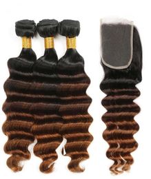 Deep Wave 1B430 Medium Auburn Ombre Brazilian Human Hair Weaves with 4x4 Lace Front Closure 3Tone Ombre Bundles with Closure9251315