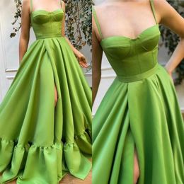 Fashion Grass Green Prom Dresses Straps Evening Gowns Slit Pleats Ruffle Bottom Formal Red Carpet Long Special Occasion Party dress YD