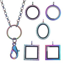 10pcs lot Rainbow Colour Round Floating Charms Locket Pendant for women Necklace Magnetic Memory Living Glass Locket With Chains Y1223O