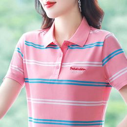 New Womens Shirt Striped Short sleeved T-shirt Womens Summer 2024 New Middle aged Mom Slimming Polo Shirt T