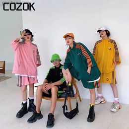 Men's Tracksuits Korean Fashion Summer Shorts Matching Set Women Casual Striped Short Sleeve Zipper Jacket Suit Female Sportswear Suit 2023 Q240314