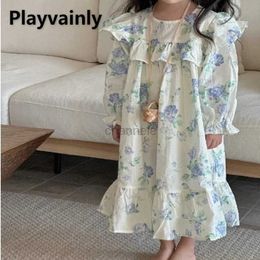 Girl's Dresses Korean style spring autumn girls frills Patchwork round neckline long sleeve princess dress with flowers clothes for children E88016 240315