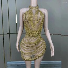 Stage Wear Sexy Luxury Dress Women Shiny Gold Chain Silver Talent Performance Birthday Celebration Party Dance