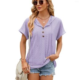 Women's T Shirts Spring/Summer Solid Button Hooded Loose Short Sleeved T-shirt Top