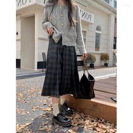Women's Knits Set Grey Knitted Cardigan Long Sleeved Knit Autumn Elegant High Waist Checkered A-line Skirt Half Length
