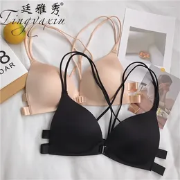 Bras Front Buckle Without Steel Ring Sexy Back Lingerie Women's Seamless Cross Strap Girl's Small Bra Thin Gathered
