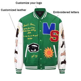 Oem Custom Leather Sleeve Chain Chenille Embroidery Bomber Flight Baseball Vintage Letterman Varsity Jacket For Men 99