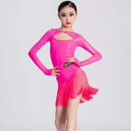 Stage Wear Rose Red Latin Dance Competition Dresses Girls Long Sleeves Top Fringed Skirt Kids Samba Performance Dancing DWY9820