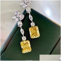 Dangle Chandelier Sweet Cute Earring Luxury Jewellery 925 Sterling Sier Radiant Shape Yellow Topaz Cz Diamond Gemstones Ins Top Sell Dhjft