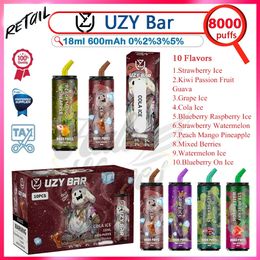 Retail UZY Bar 8000 Puff Disposable Vapes Pen 0% 2% 3% 5% Strength 18ml Pre-filled Pod 600mAh Rechargeable Battery Mesh Coil E Cigarette 10 Flavours In Stock Puffs 8k Vape